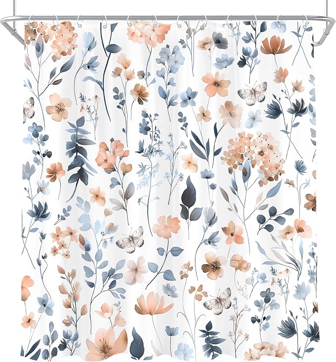 Cute Floral Blue Pink Flower Watercolor Plants Bathroom Shower Curtain Set | 72"W x 72"H Wildflower Butterfly; waterproof HD print, quick-dry fabric and plastic hooks for easy setup.
