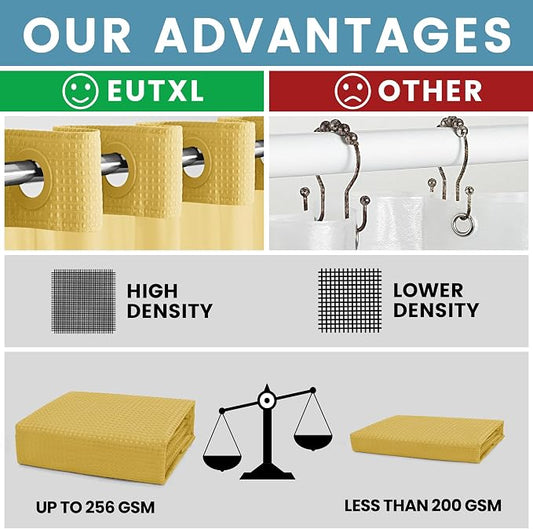 EUTXL Heavyweight Waffle No Hook Shower Curtain with Liner, 71x74, Yellow | Snap in Liner, 256GSM, Thick, Hotel Luxury Spa, Waterproof Fabric, Corner Magnets, 3 in 1 Set, Washable, Hang in Seconds