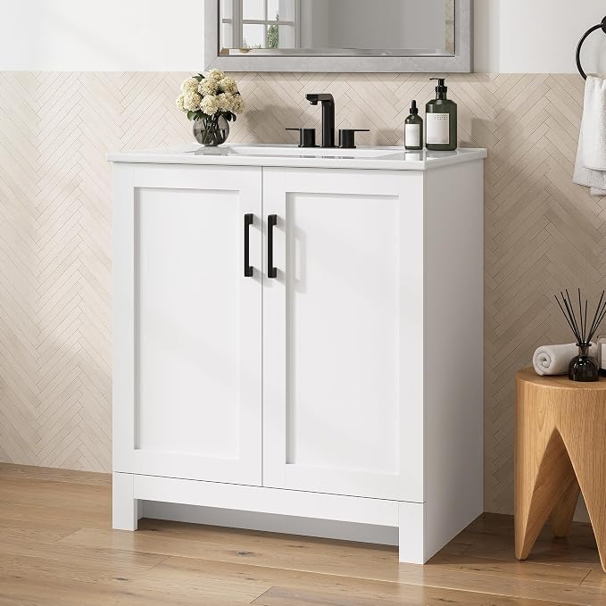 LIKIMIO 30" Bathroom Vanity with Sink, 2 Soft-Close Doors, White | Freestanding Bathroom Vanity, Integrated Ceramic Sink, Modern Bathroom Storage Cabinet for Small Bathroom, Easy Assembly