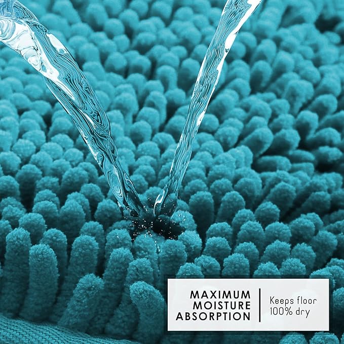 Hearth & Harbor Bathroom Rugs, Chenille Bath Mat - Machine Washable Bath Mats for Bathroom Non-Slip Backing Rubber, Quick Dry Bathroom Mat - Teal Bath Rug, 26x44