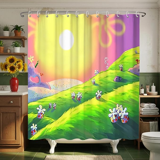 Anime Cartoon Green Hill Sunset Shower Curtain Set 72x72 Inches | Anime Cartoon Green Hill Sunset Landscape Print, Whimsical Home Guest Housewarming Cartoon Lover Bathroom Decor, With Hooks