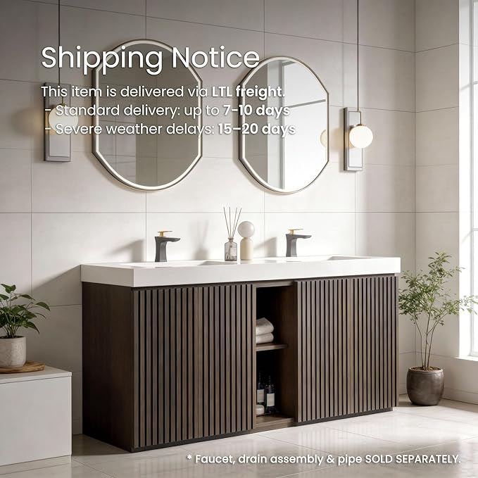 60" Double Bathroom Vanity with Sink, Mid Century Modern Bathroom Cabinet with 4 Doors & Shelves, Glossy White Integrated Sink with Overflow, Dark Grey Oak
