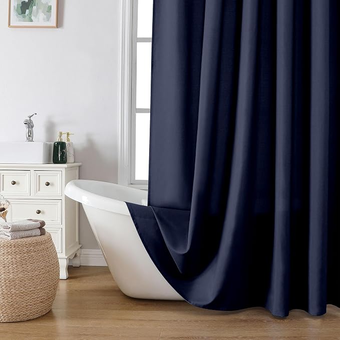 Zora 78 Inch Shower Curtain Set with 12 Plastic Hooks, Plain Fabric Shower Curtain for Bathroom - Long Shower Curtain, Water Resistance, Machine Washable Soft Cloth, 72WX78L, Navy Blue