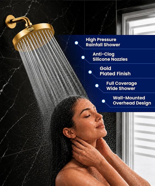 Shower Head - Luxury Gold Plated Finish - Rain Showerhead 6 Inch | High Pressure Shower Heads with Adjustable Angles, 90 Anti-Clog Nozzles, Tool-Free 1-Min Install