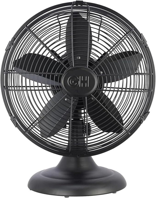 Good Housekeeping 92603 All-Metal 12" Retro Desk Office Table Fan with Wide Oscillation, 3-Speed Settings & Carrying Handle, Matte Black