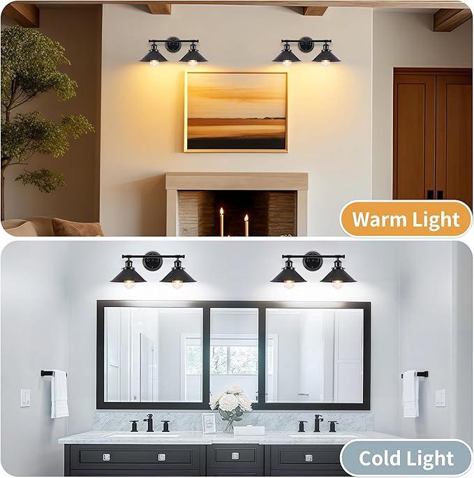 Black Bathroom Light Fixture, 2-Light Farmhouse Vanity Lights for Bathroom | Solid Metal, 20" Matte Black Bathroom Light Fixtures, Industrial Wall Sconce, Vanity Lighting Fixtures over Mirror Kitchen
