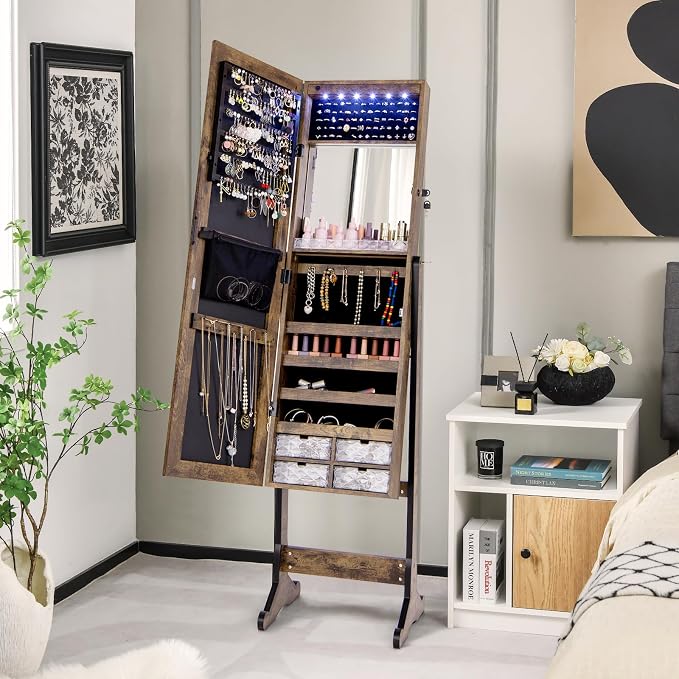 CHARMAID Jewelry Armoire Cabinet with Full Length Mirror, 6 LEDs Standing Lockable Jewelry Organizer with Vanity Makeup Mirror, 4 Storage Drawers, 4 Shelves, Lipstick Tray, 4 Angles (Rustic Brown)