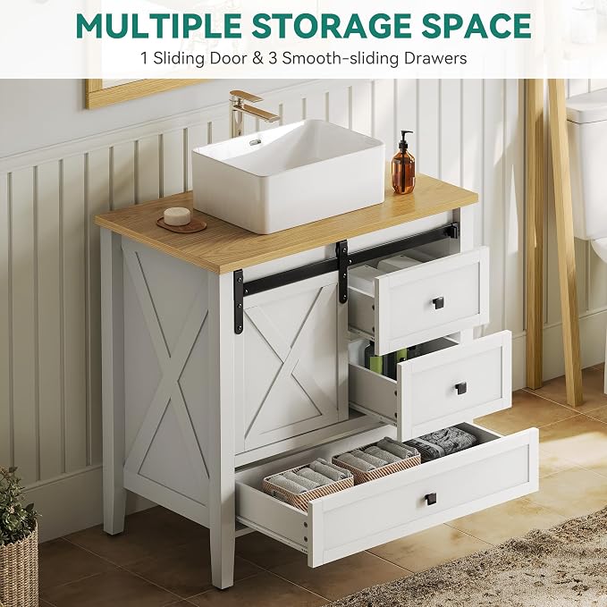 YITAHOME 36 Inch Bathroom Vanity with Ceramic Sink Basin | Sliding-Door Cabinet & 3 Drawers, Farmhouse Vanity for Bathroom