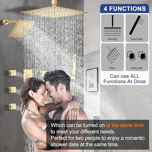 Thermostatic Shower System Dual Shower Heads with 16" Ceiling Mounted Rain Shower Head & 6" Wall Mounted Head 4 Function Shower System with body jets Can All Run Together, Brushed Gold