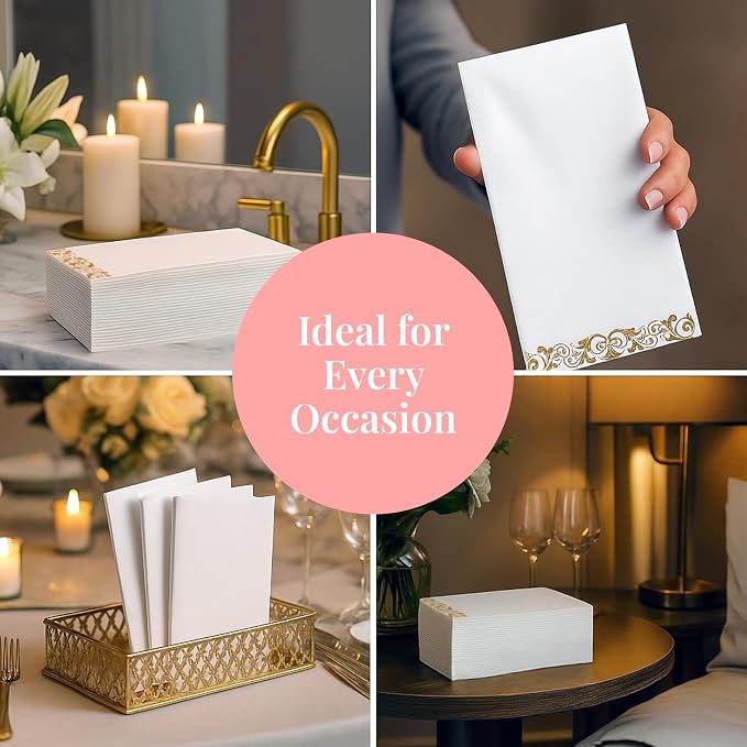 Prestee 200 Pack Disposable Paper Guest Towels for Bathroom, 2-Ply - Elegant Linen Feel Paper Napkins - Absorbent Decorative Guest Towels for Bathroom, Wedding, and Party Use - (White and Gold)