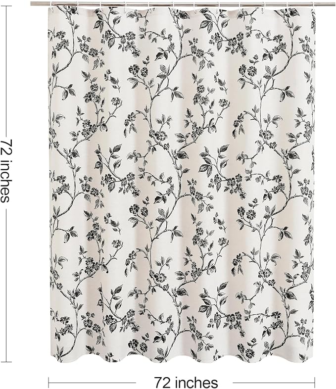 MitoVilla Black Cotton Floral Shower Curtain for Bathroom, 72 x 72 | Black BoHo Cottagecore Spring Shower Curtains, Modern Farmhouse Country Plant Leaves Bathroom Décor, 72 x 72