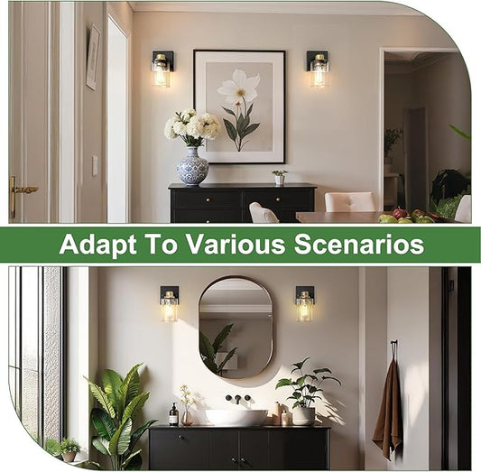 DORESshop Wall Sconces Set of 2 for Bathroom, Modern Vanity Light Fixtures with Clear Glass Shade, Black and Gold Wall Mount Lighting Lanterns for Bedroom Living Room Mirror Hallway Kitchen