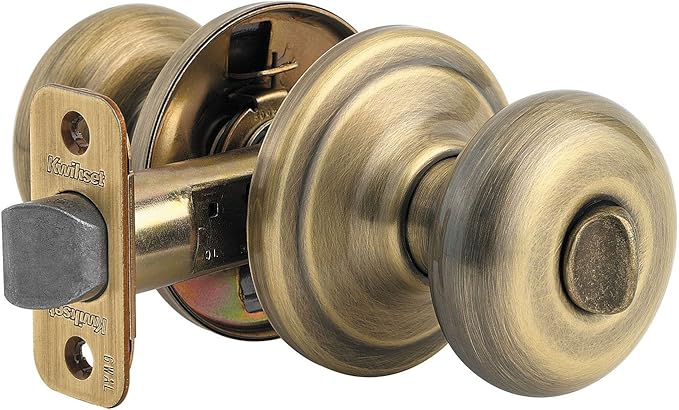 Kwikset Juno Interior Privacy Door Knob with Lock, Door Handle for Bathroom and Bedroom, Antique Brass Keyless Turn Lock Doorknob, with Microban Protection (Pack of 10)