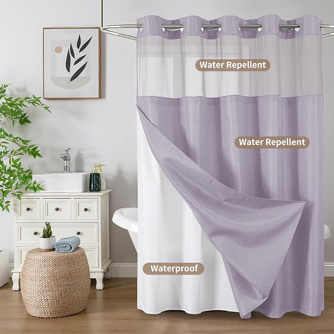 Colorful Star Waffle Weave No Hook Shower Curtain, 72 x 75 Inch, Lavender | Waterproof Shower Curtain with Snap in Fabric Liner and Mesh Top Window, Hotel Style Heavy Duty Thick Bathroom Curtain