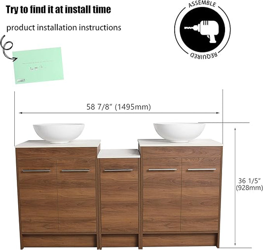 60" Bathroom Vanity with Sink, 60 Inch Freestanding Vanity with 2 Vessel Sinks, Double Sink Bathroom Vanity Combo, Brown Modern Floor Stand Cabinet Set with Soft Closing Doors (BRE321, 60 * 18)