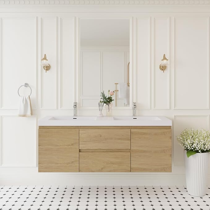 60 Inch Floating Bathroom Vanity with Double Sinks | Storage Cabinet with Sink Natural Oak Wall Mounted Cabinet, Solid Surface Top, 4 Soft Close Drawers, Fully Assembled