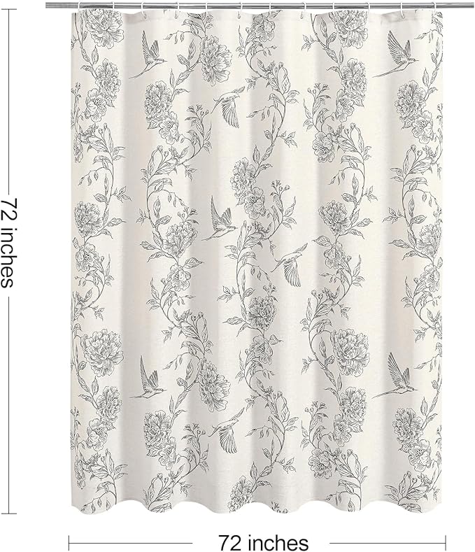 MitoVilla Grey Cotton Boho Hummingbird Shower Curtains, 72 x 72 | Grey Cottagecore Spring Shower Curtain for Bathroom, Modern Farmhouse French Country Bathroom Décor, 72x 72