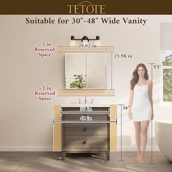 30 x 26 Medicine Cabinet with Tempered Beveled Mirror White Vanity Mirror with Storage Aluminum Cabinet DTC Hinges, Stepless Adjustable Shelves, Recessed/Surface-Mounted