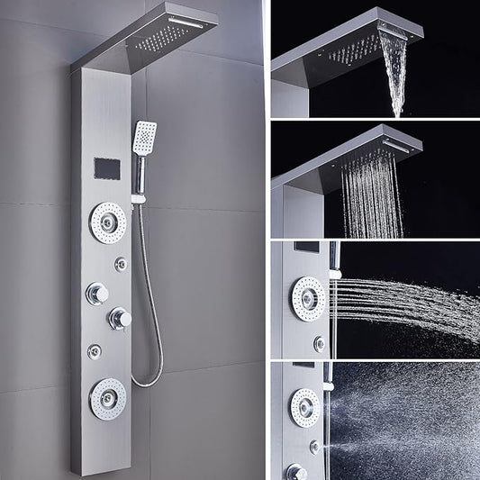 ELLO&ALLO LED Rainfall Waterfall Shower Head Rain Massage System with Body Jets Stainless Steel Bathroom Shower Panel Tower System, Brushed Nickel