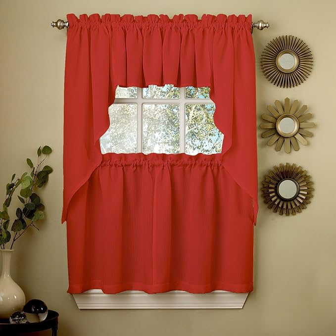 Sweet Home Collection 5 Pc Kitchen Curtain Set-Valance Swag Choice of 24" or 36" Tier Pair, Ribcord Red