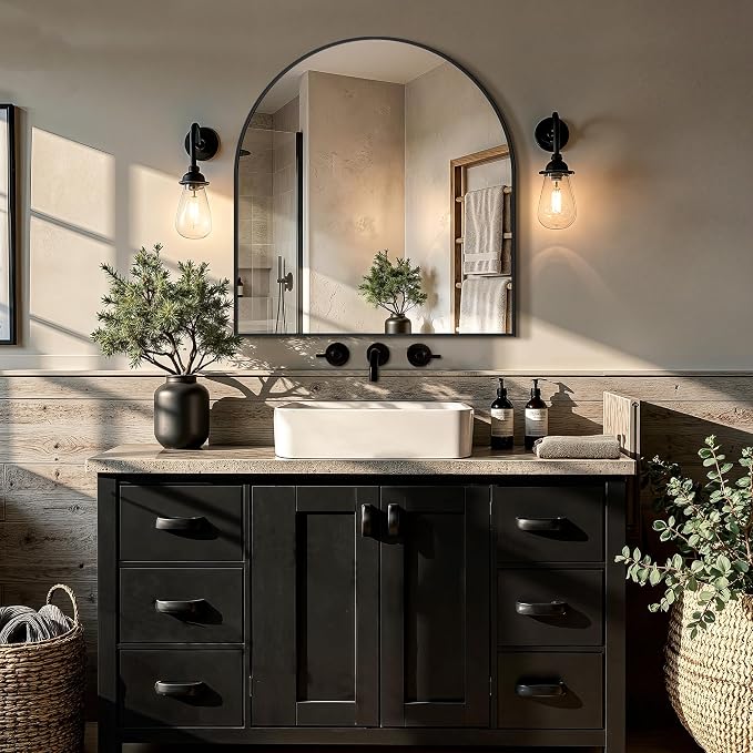 Arched Bathroom Vanity Mirror for Over Sink, 32”x30”, Black | HD Tempered Glass, Anti-Rust Metal Frame, Hanging or Leaning, Wall Mirrors for Bathroom Sink, Bedroom, Living Room, Entryway