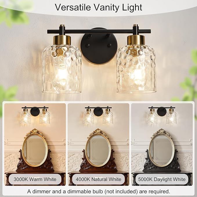 2 Light Black and Brass Vanity Light with Hammered Glass over Mirror Makeup | 13.7" Black and Gold Farmhouse Bathroom Light Fixtures, Vanity Lighting Fixtures, Rustic Vanity Lights for Bathroom Lights