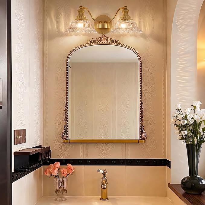 2 Lights Bathroom Vanity Light Fixtures, Vintage Brass Vanity Lights for Bathroom, Farmhouse Antique Light Fixtures Over Mirror with Crystal Glass Shade