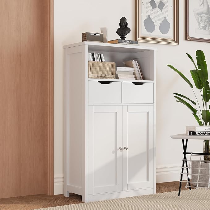 Shintenchi Floor Storage Cabinet, Bathroom Storage Organizer with Doors and Drawers, Freestanding Side Cupboard Pantry with Adjustable Shelf for Bathroom/Kitchen/Livingroom, White