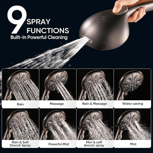 Cobbe 9 Spray Modes Handheld Shower Head, Water-Saving, ORB | Power Rinse, 1-Click Pause & Flow Control, 6ft Stainless Steel Hose, Adjustable Brass Bracket