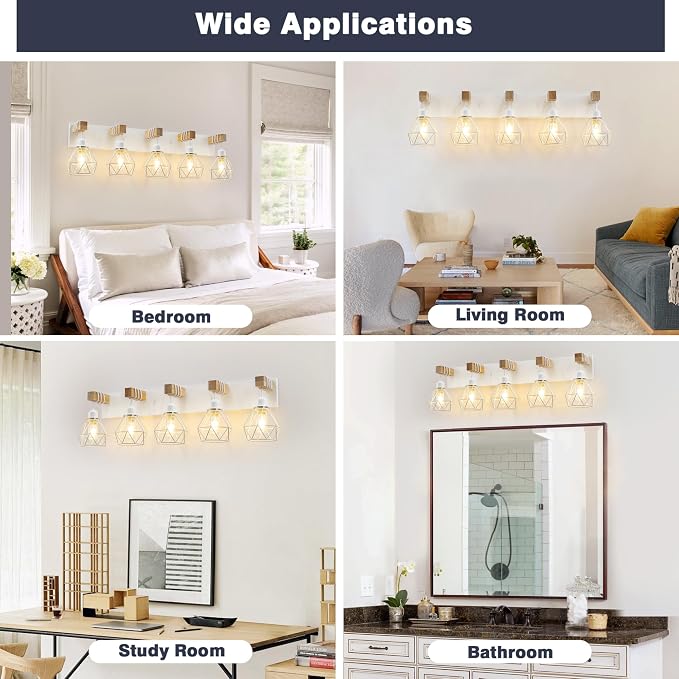 maesta 5 Light Bathroom Vanity Light, Farmhouse White Fixture Over Mirror | Farmhouse Bathroom Light Fixtures, Wood & Metal, Anti-Rust Easy to Install for Rustic Bathroom Hallway