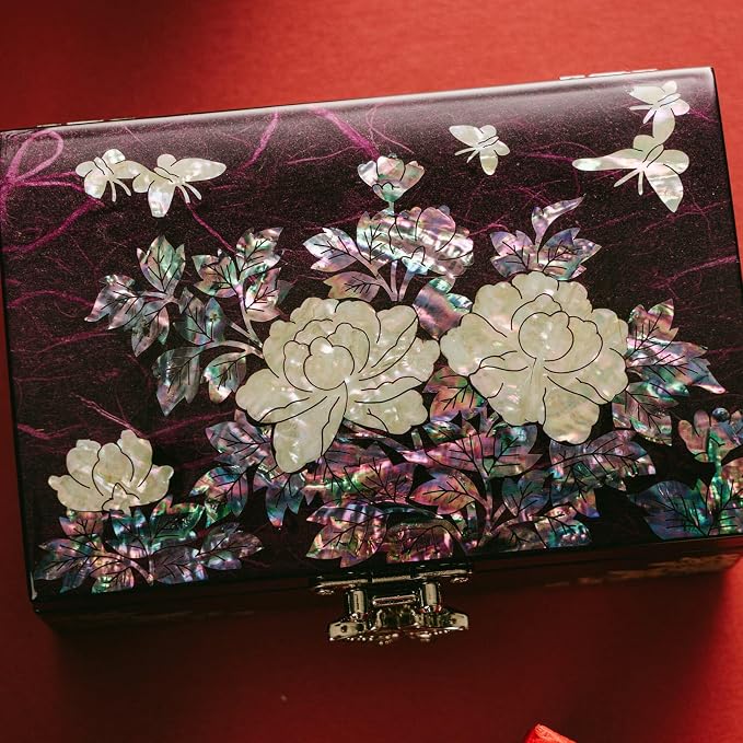 February Mountain Mother-of-Pearl Jewelry Box – Elegant Purple Lacquered Keepsake with Peony & Butterfly Design, Red Velvet Interior – Christmas, Birthday Gift, Unique Jewelry Organizer for Women
