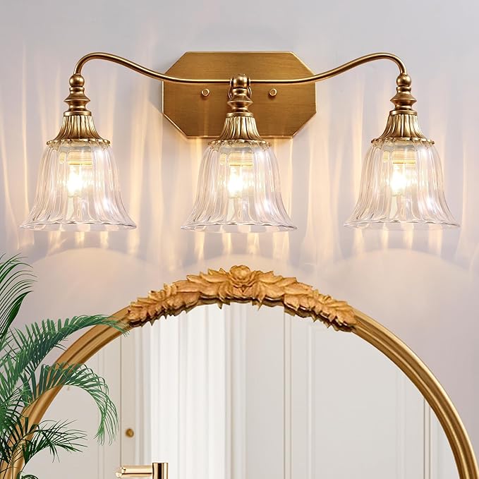 Gold Bathroom Vanity Light Fixture, 3 Lights Bathroom Lighting Matte Antique Brass Finish with Crystal Glass Shade, Gold Vintage Vanity Light for Bathrooms