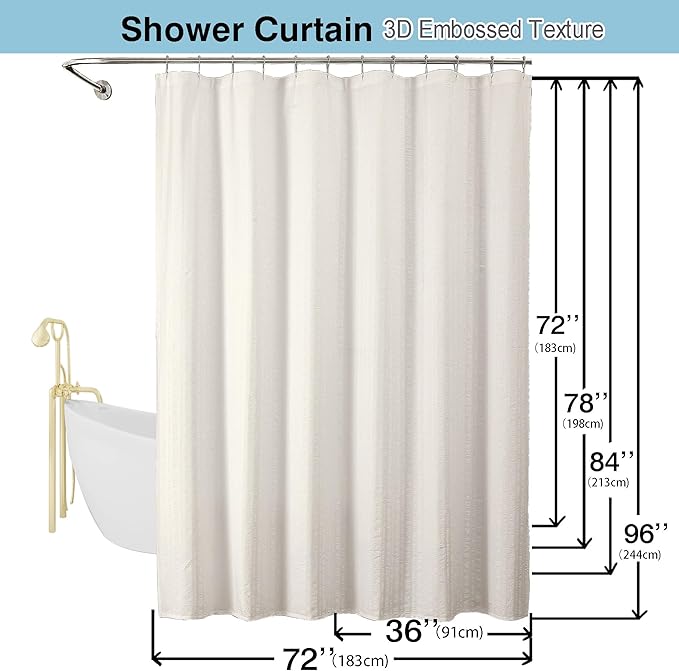 Aiyufeng Extra Long Cream Shower Curtain 96 Inch Long, Embossed Texture Fabric Bathroom Shower Curtain, Large Hotel Bath Curtain with 12 Holes, 72x96