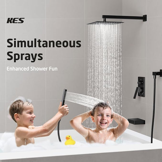 KES Shower System with Tub Spout, Matte Black Shower Faucet Set Complete 10 Inch Rain Shower Head with Handheld Spray and Waterfall Bathtub, cUPC Pressure Balance Shower Valve Trim Kit, XB6305F18-BK
