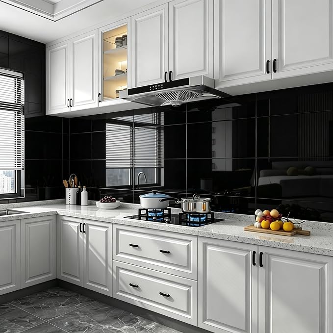Peel and Stick Backsplash Tiles, 12 pcs 23.6” x 11.8” Black Wall Panels | PVC Wall Panels, Renter Friendly Waterproof Removable Self Adhesive Tiles for Kitchen Bathroom (Not Real Tile, Not for Floor)