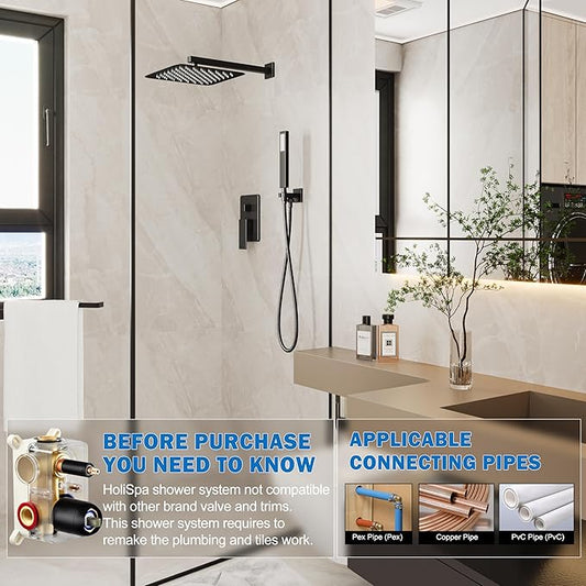 10" Rain Shower System with Handheld & Valve, Matte Black | Wall-Mounted High-Pressure Shower Faucet Combo Set, 10-Inch Rain Shower Head with Handheld Spray,Includes Valve and Trim Kit