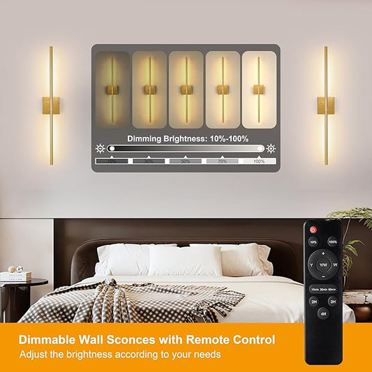 36 Inch Battery Operated Wall Sconces Set of 2, Dimmable Battery Wall Sconce with Remote Control, Gold LED Rechargeable Sconces, Modern Wireless Wall Lights for Bedroom, Living Room