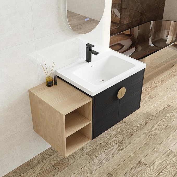 SSLine Modern 40" Floating Bathroom Vanity with Ceramic Sink Wall Mounted Bathroom Vanity with Top Basin &Storage Cabinet&Side Open Shelf Elegant Wood Vanity Sink Cabinet for Small Space(Black Gold)