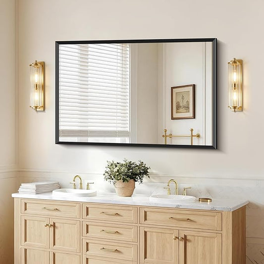 Black Bathroom Mirror 60 x 40 Inch Rectangle Wave Beveled Frame for Wall Bathroom Vanity Mirror for Over Sink, Tempered Glass,for Entryway Hangs, Bathroom Living Room Horizontal or Vertical