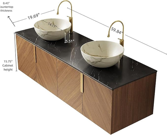 60" Double Sink Bathroom Vanity with Sink Combo, Floating Vanity with Vessel Sink, Wall-Mounted Plywood Bathroom Vanity Storage Cabinet with 4 Doors & 2 Bowl Basin, Brown Oak