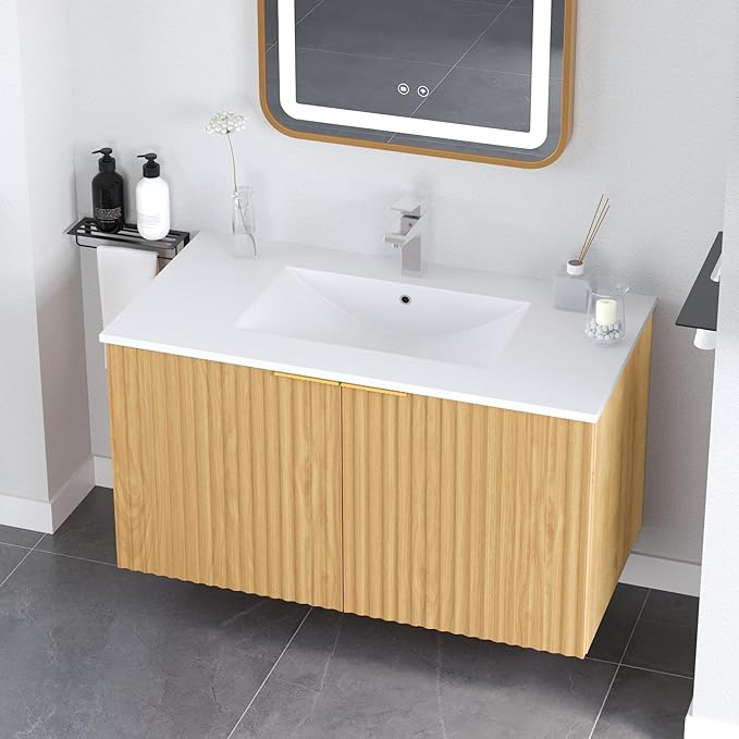 Modern Bathroom Vanity Without Sink, Floating Wall Mount Cabinet with Wavy Textured Doors, Waterproof Storage for Small Bathroom, Soft-Close Design, Nature Wood (Nature Without Sink, 36")