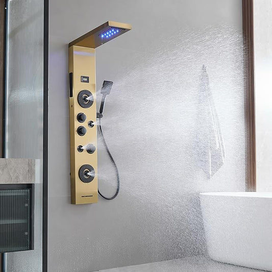 Brushed Gold Shower Panel LED Rainfall Waterfall Shower Head | 6 Functions,Rain Massage,Body Jets,Handheld Shower,Tub Spout,Temperature Display,Wall Mount, Stainless Steel Shower Panel