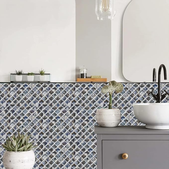 STICKGOO Arabesque Peel and Stick Backsplash, 12”X12” Backsplash Tile for Kitchen Peel and Stick, Self Adhesive Wall Tile Stick on Tiles (Thicker Design, Faux Blue Agate)