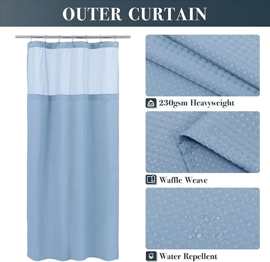 N&Y HOME Stall Waffle Weave Shower Curtain with Snap-in Liner Blue 36x72 | 12 Metal Hooks Included, Snap on/off Fabric Liner, Hotel Style & Mesh Window, Machine Washable, 36x72 Small Shower Stall Size