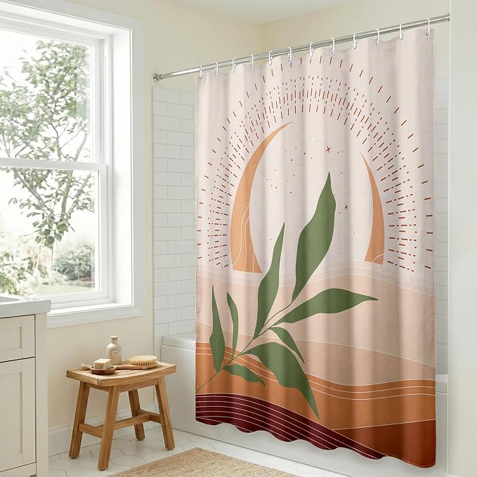 Americanflat 71x74 Boho Shower Curtain - Water-Resistant Long Shower Curtain with Durable Metal Grommets and 12 Hooks - 100% Polyester - Sage Green, Terracotta, Blush Pink and Rust Red
