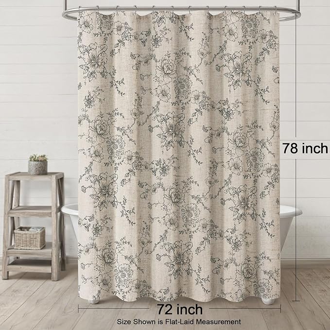 Farmhouse Floral Vintage Shower Curtain for Bathroom, Grey and Tan Taupe | 72" W x 78" L, Elegant Boho Pattern Bath Curtain Linen Fabric