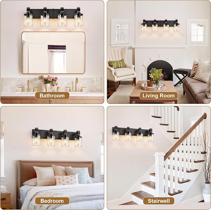 Farmhouse Bathroom Vanity Light Fixture, 4 Light Black Wood Over Mirror | Matte Black Metal & Wood with Clear Glass Shade, 4 Ligh Vanity Light Fixture Over Mirror for Farmhouse Industrial Bathroom