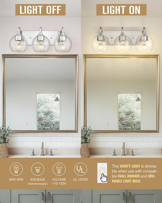 Emak 3-Light Bathroom Vanity Lights Over Mirror, Globe Bathroom Light Fixtures with Clear Glass Shade, Modern Brushed Nickel Vanity Light for Bath, Mirror, VL118-BN-CG-3