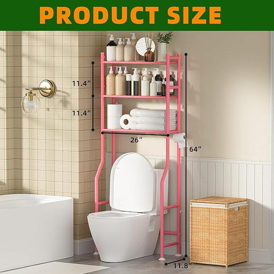 3-Tier Over Toilet Storage with Anti-Tilt Safety System - 150lb Total Capacity Metal Bathroom Shelves Including Paper Holder & 4 Hooks, Space Saving Above Commode Organizer (64" H, Pink)