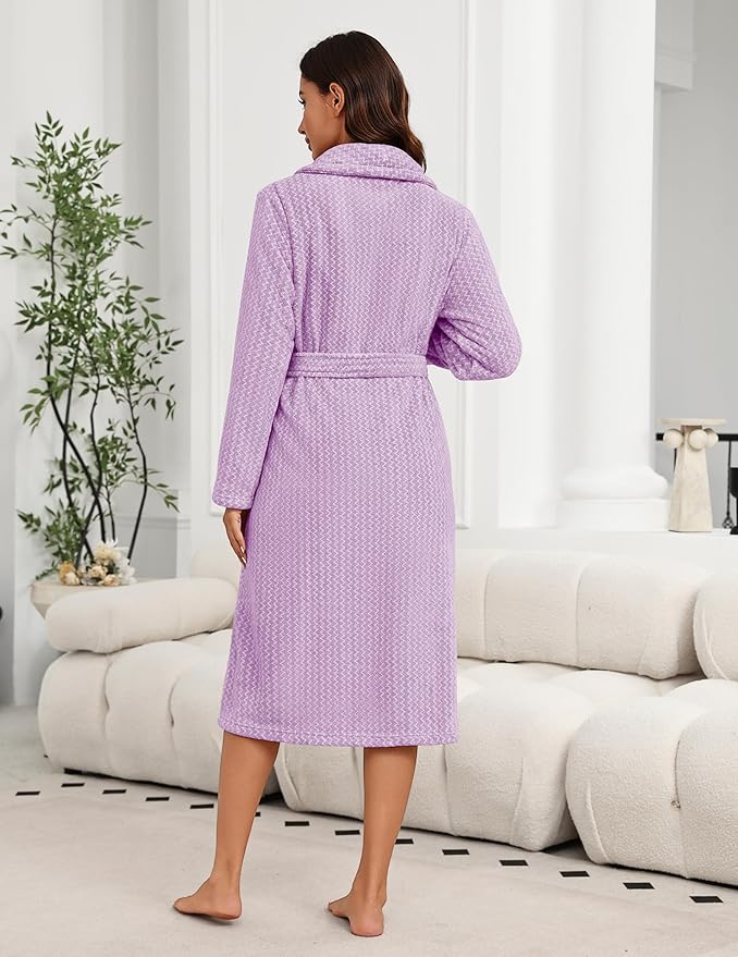 Ekouaer Women's Robe Long Plush Soft Bathrobe Cozy Warm Robes Shawl Collar Sleepwear with Pockets